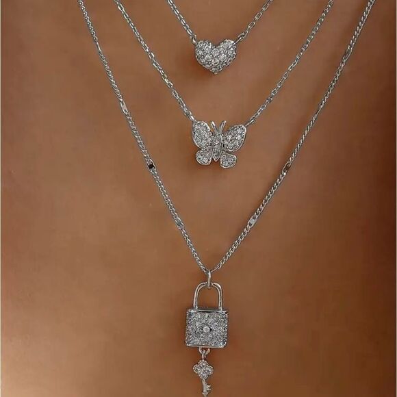 Silver Heart Butterfly Lock Pendant Layered Necklace - Picture 1 of 4